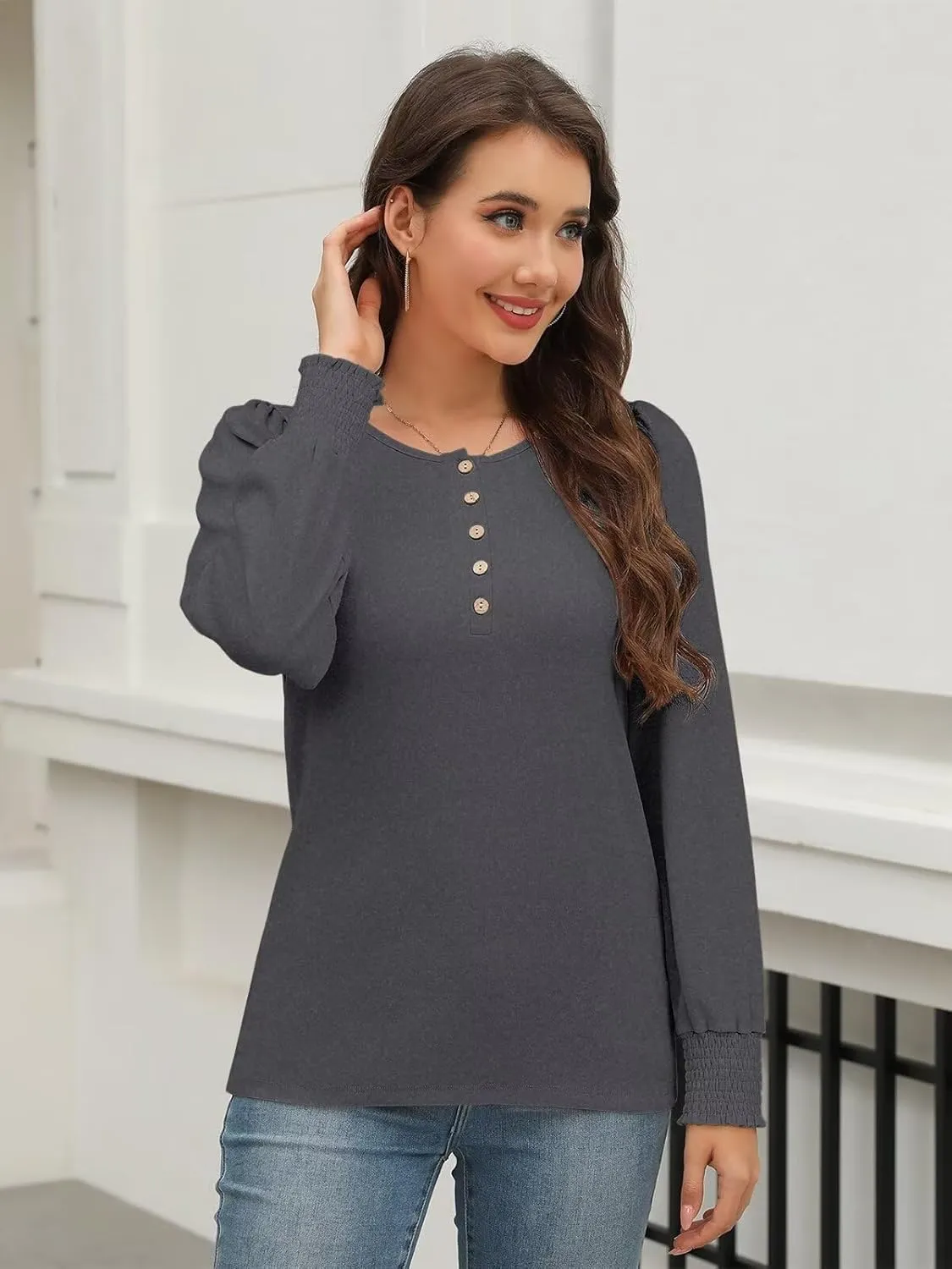 Minetom Women's Long Sleeve Henley Tops Smocked Puff Sleeve Tops Casual Shirts Blouses