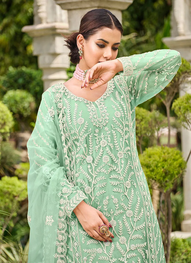 Mint Green Thread Embroidery Festive Palazzo Suit