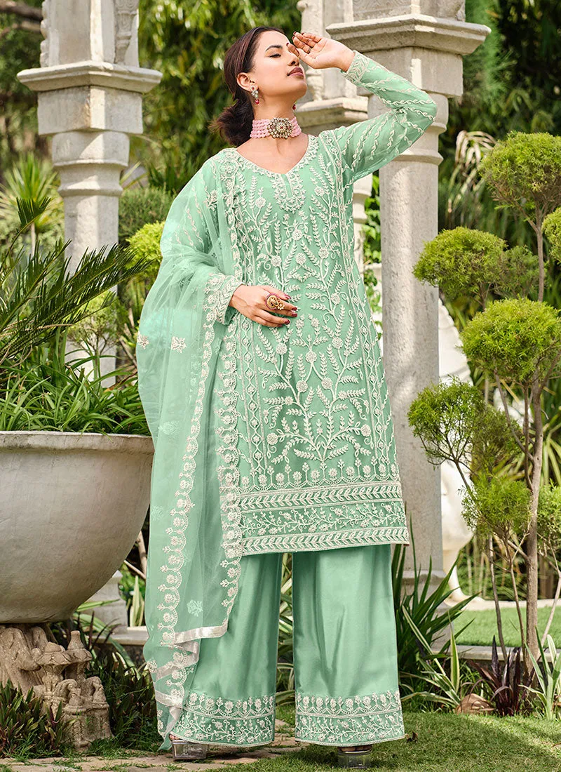 Mint Green Thread Embroidery Festive Palazzo Suit