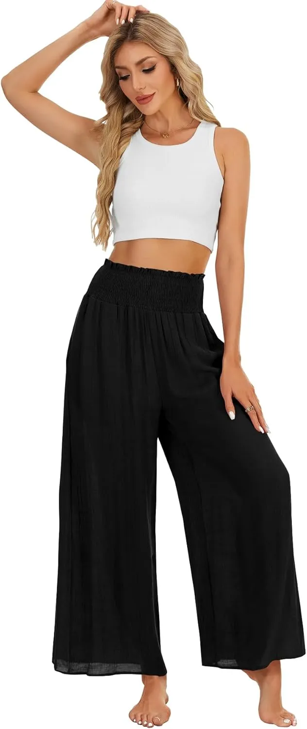 OPOIPIN Women's Smocked High Waisted Lounge Trousers Wide Leg Long Pants with Pockets