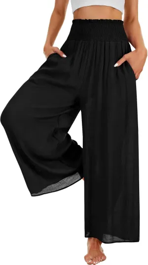 OPOIPIN Women's Smocked High Waisted Lounge Trousers Wide Leg Long Pants with Pockets