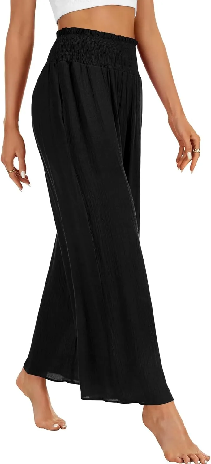 OPOIPIN Women's Smocked High Waisted Lounge Trousers Wide Leg Long Pants with Pockets