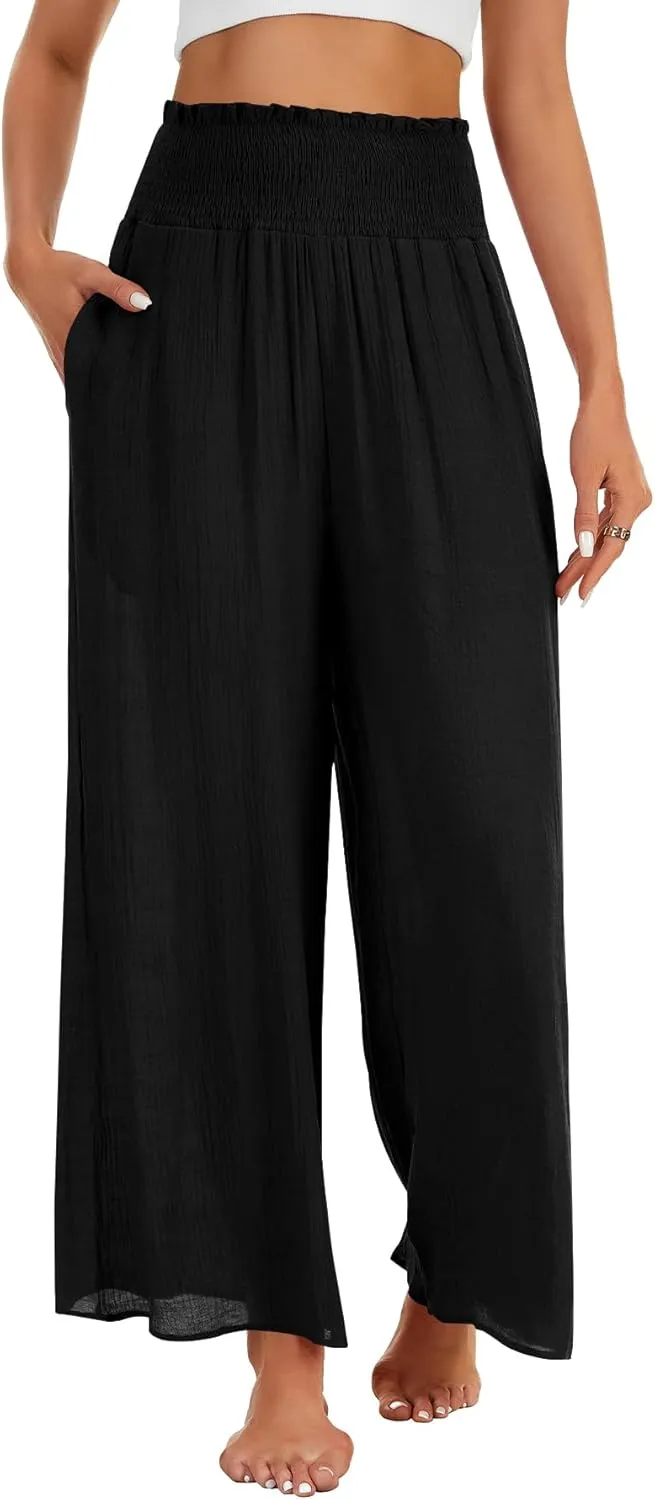 OPOIPIN Women's Smocked High Waisted Lounge Trousers Wide Leg Long Pants with Pockets