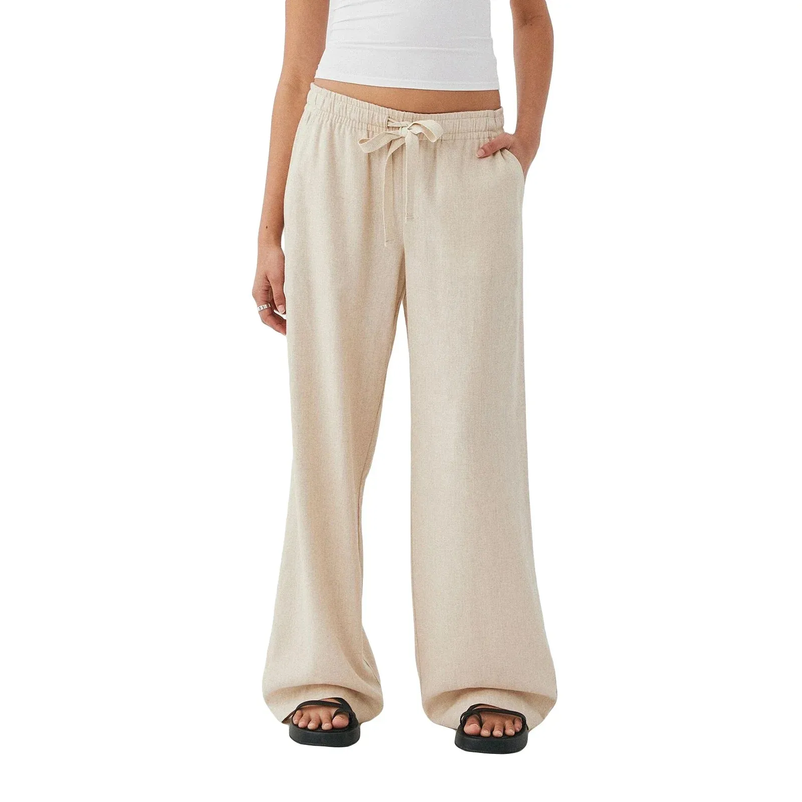 Palazzo Summer Boho Wide Leg Drawstring High Waist Casual Long Lounge Trousers with Pockets Linen Pants