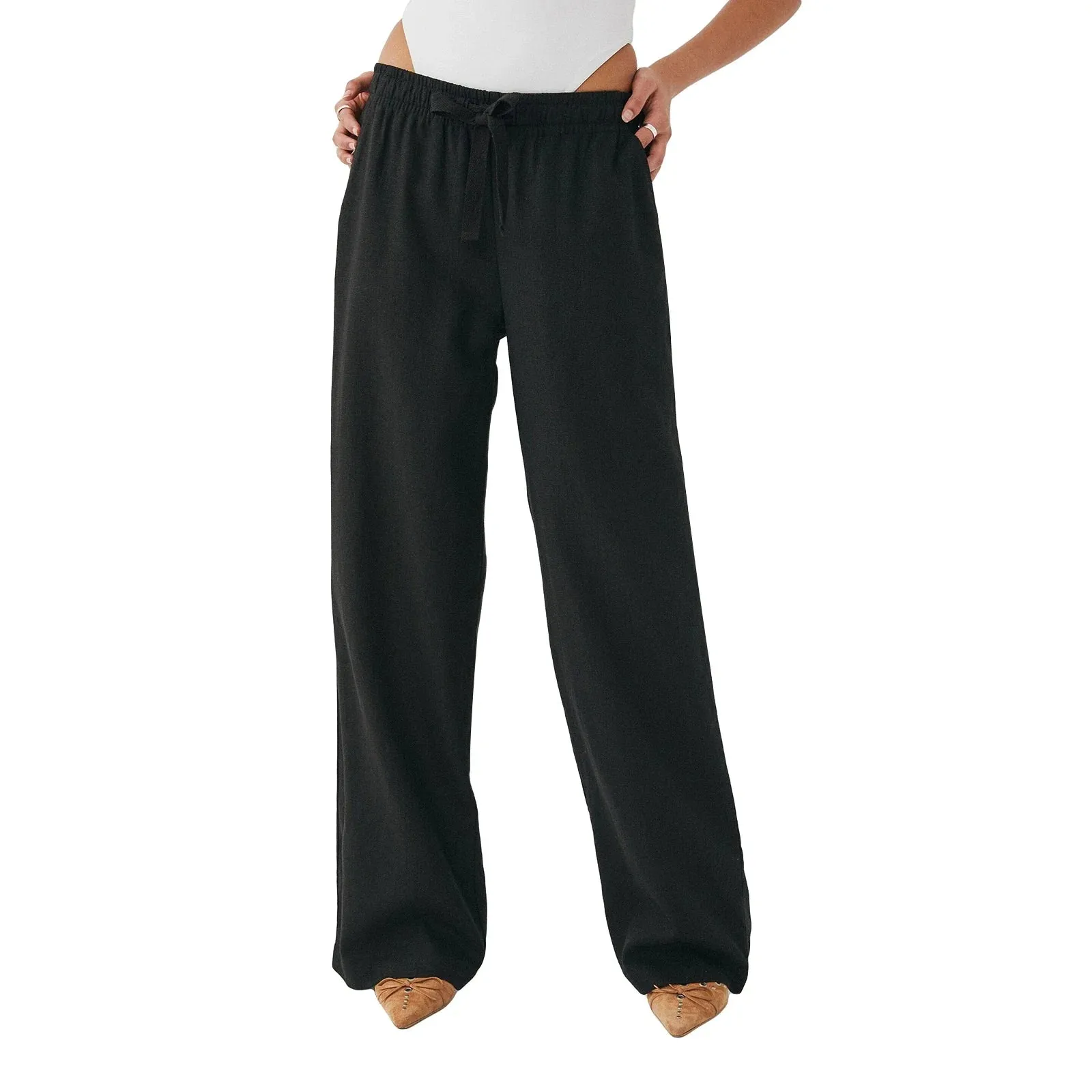 Palazzo Summer Boho Wide Leg Drawstring High Waist Casual Long Lounge Trousers with Pockets Linen Pants