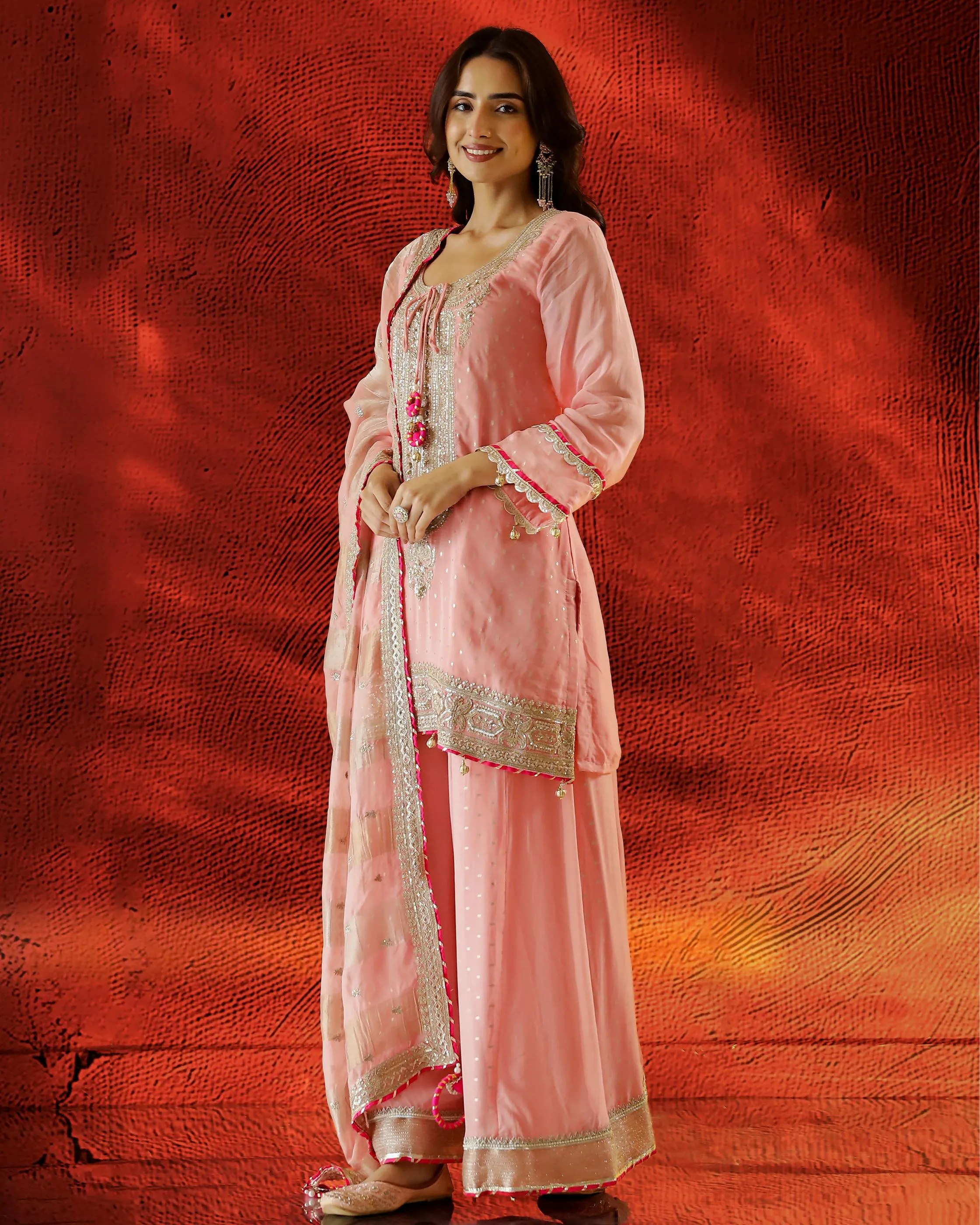 Pale Pink Embellished Organza Silk Palazzo Set