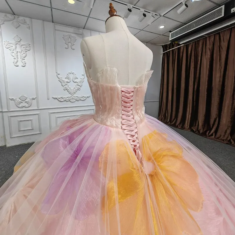 Pink Strapless Flower Ball Gown Dress