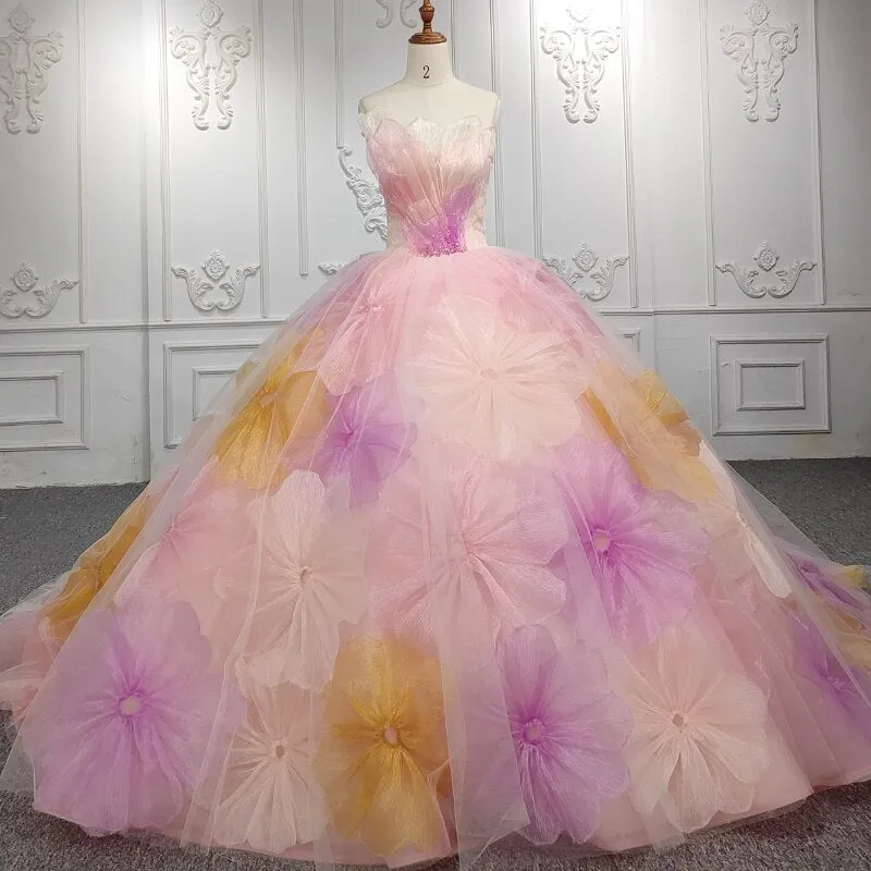 Pink Strapless Flower Ball Gown Dress