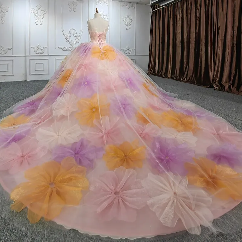 Pink Strapless Flower Ball Gown Dress