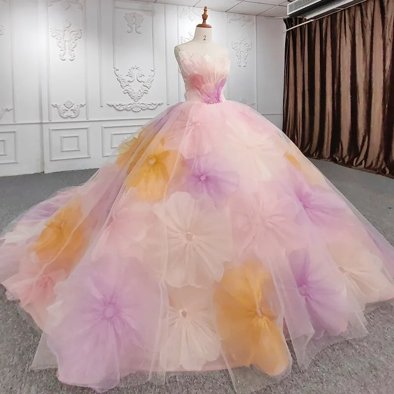 Pink Strapless Flower Ball Gown Dress