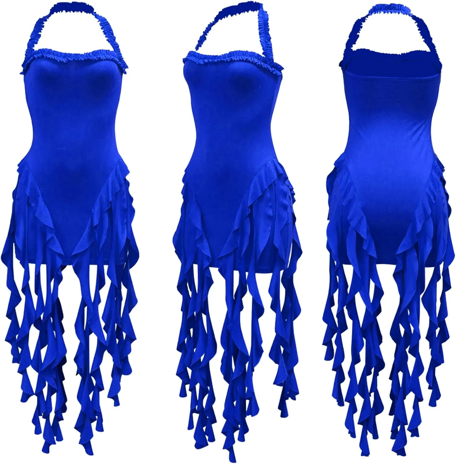 Ptorlio Sexy Women's Mini Halter Dress Birthday Party Club Ruffle Tassel Backless Bodycon Short Dresses