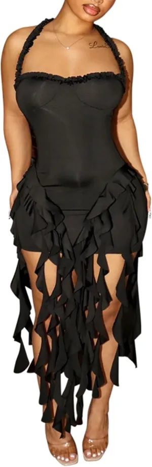 Ptorlio Sexy Women's Mini Halter Dress Birthday Party Club Ruffle Tassel Backless Bodycon Short Dresses