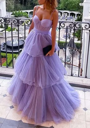 Purple Tulle A-line Spaghetti Straps Prom Dresses Long Formal Dress dresses for party events