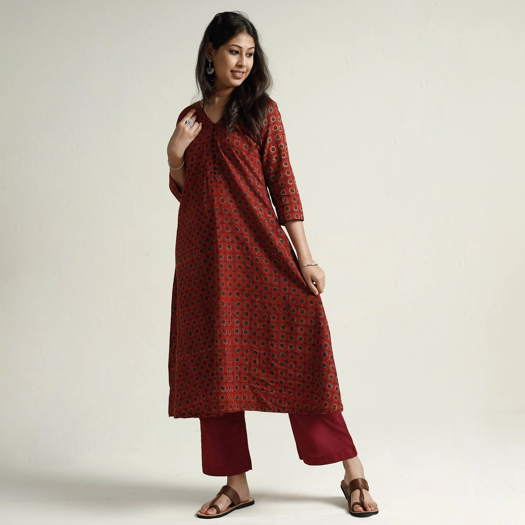 Red - Ajrakh Block Printed Cotton Kurta with Palazzo Set