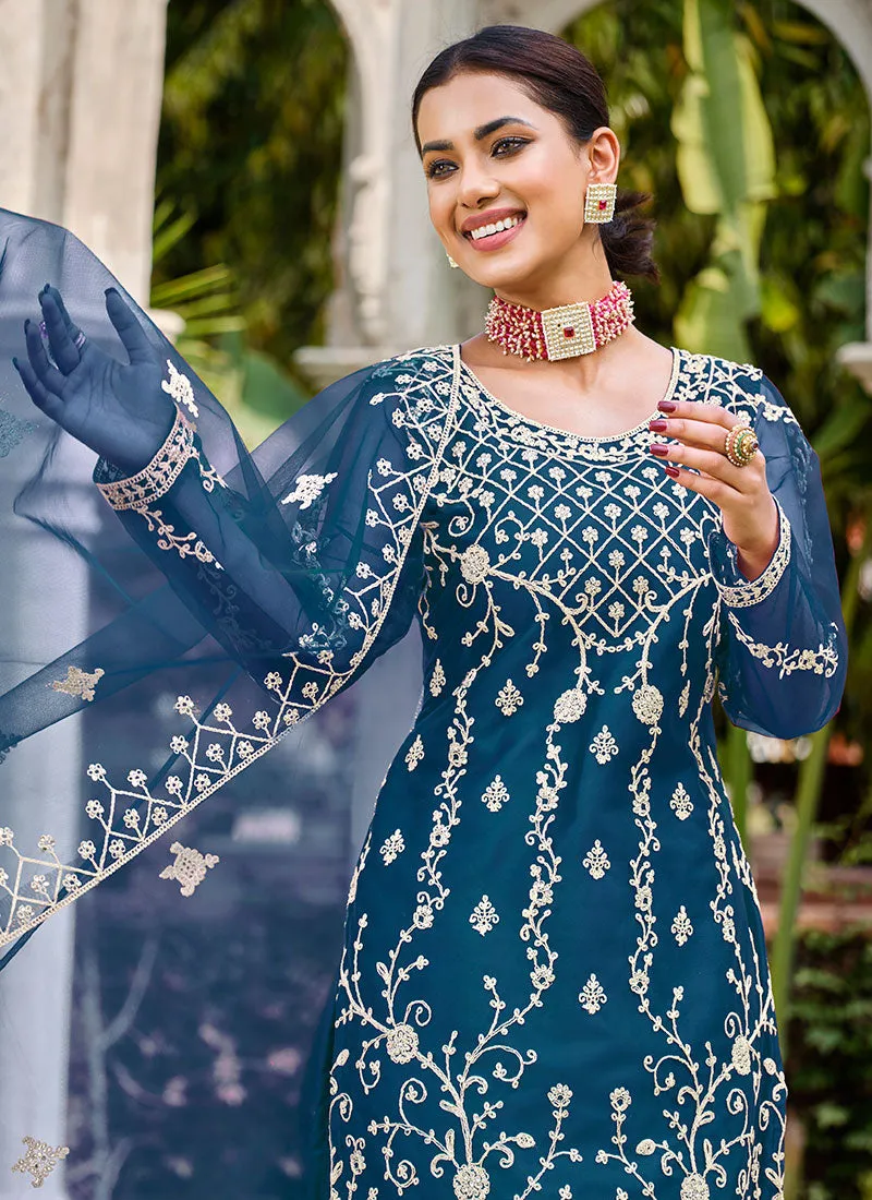 Royal Blue Thread Embroidery Festive Palazzo Suit