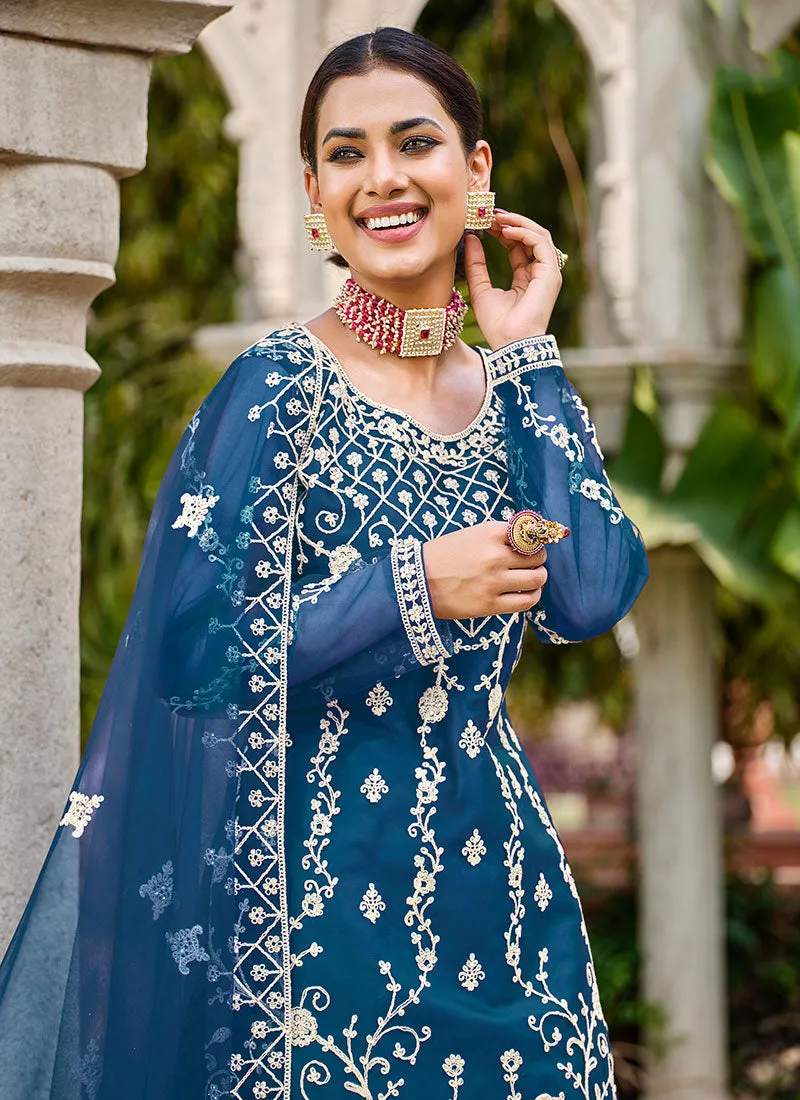 Royal Blue Thread Embroidery Festive Palazzo Suit