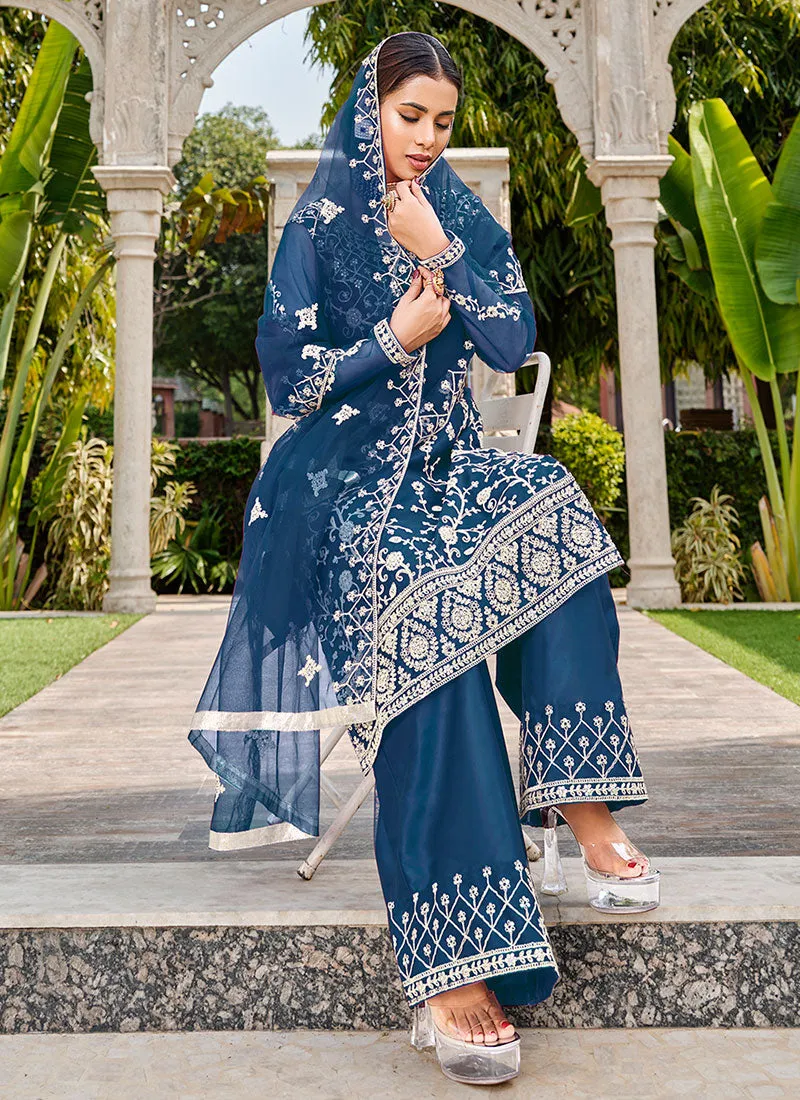 Royal Blue Thread Embroidery Festive Palazzo Suit
