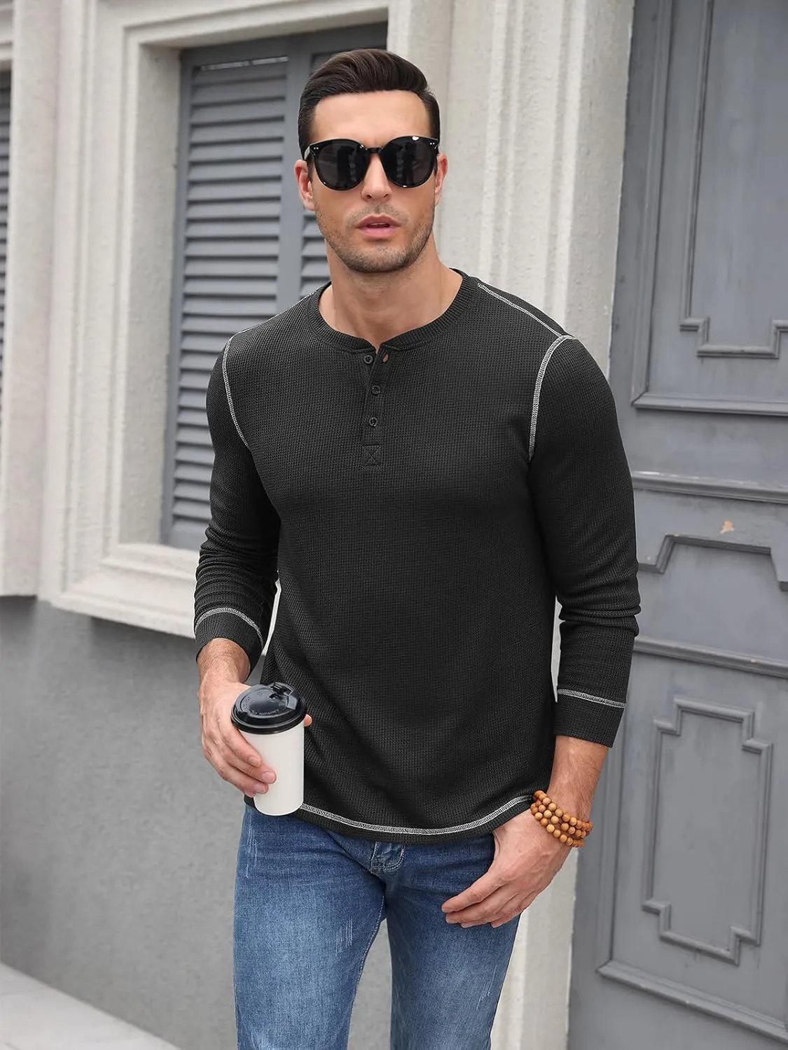 RQP Mens Henley Long Sleeve Waffle Knit Tee Fashion Button Fall Shirts