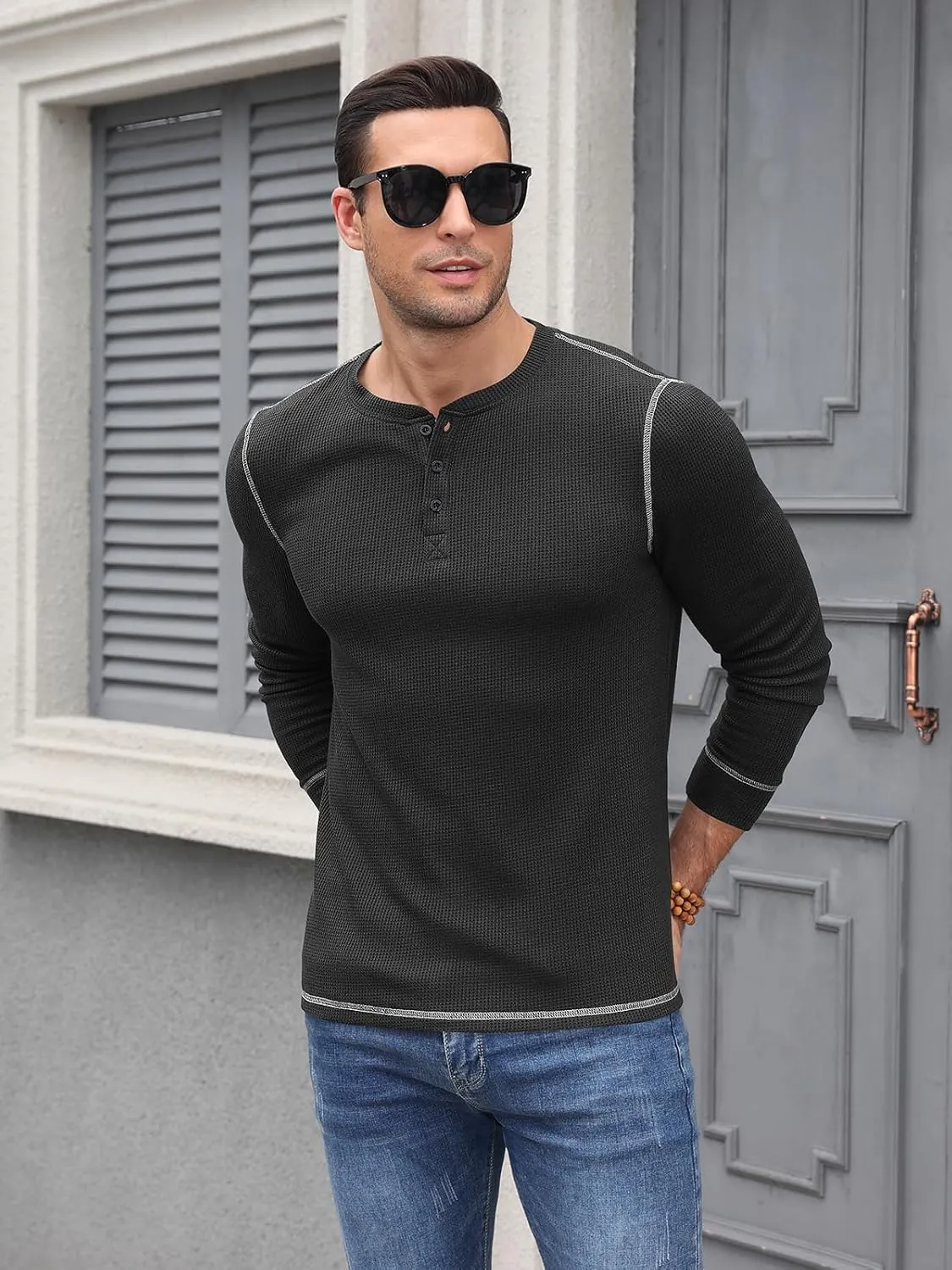 RQP Mens Henley Long Sleeve Waffle Knit Tee Fashion Button Fall Shirts