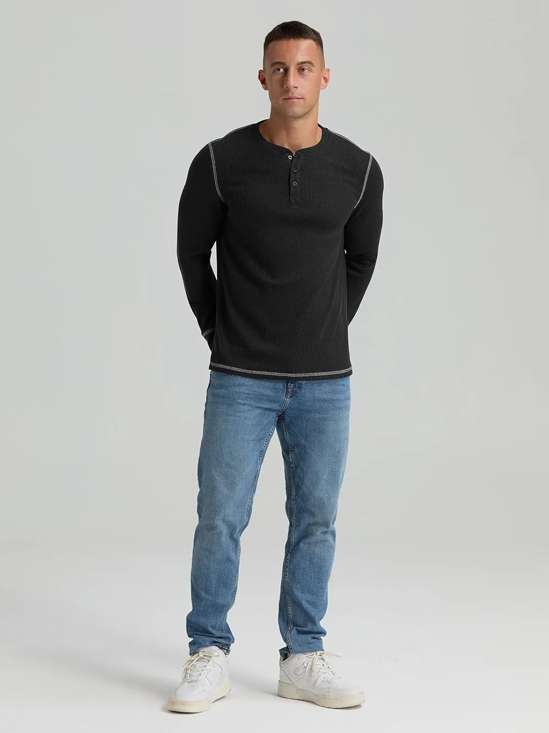RQP Mens Henley Long Sleeve Waffle Knit Tee Fashion Button Fall Shirts