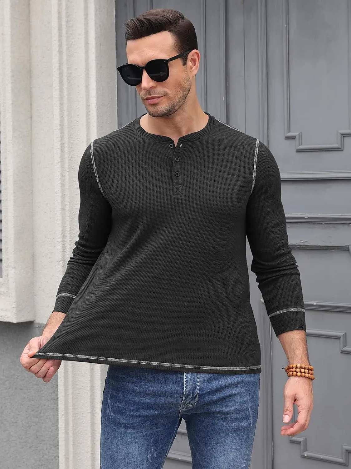 RQP Mens Henley Long Sleeve Waffle Knit Tee Fashion Button Fall Shirts