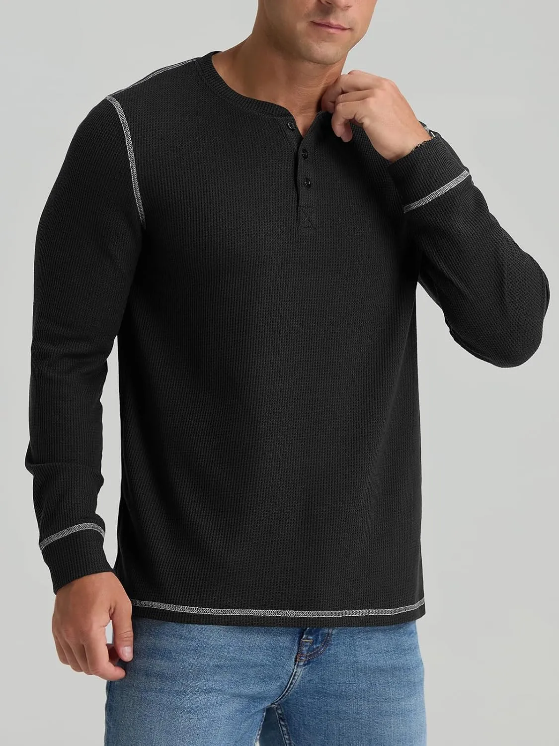 RQP Mens Henley Long Sleeve Waffle Knit Tee Fashion Button Fall Shirts