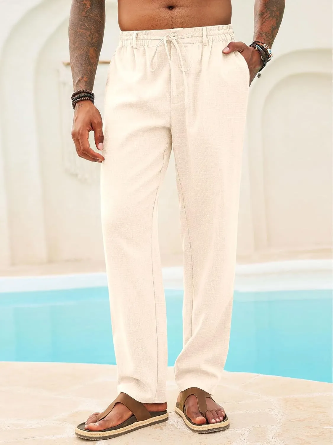 Runcati Mens Casual Pants Linen Elastic Waist Drawstring Lightweight Pants Loose Fit Summer Beach Yoga Trouser