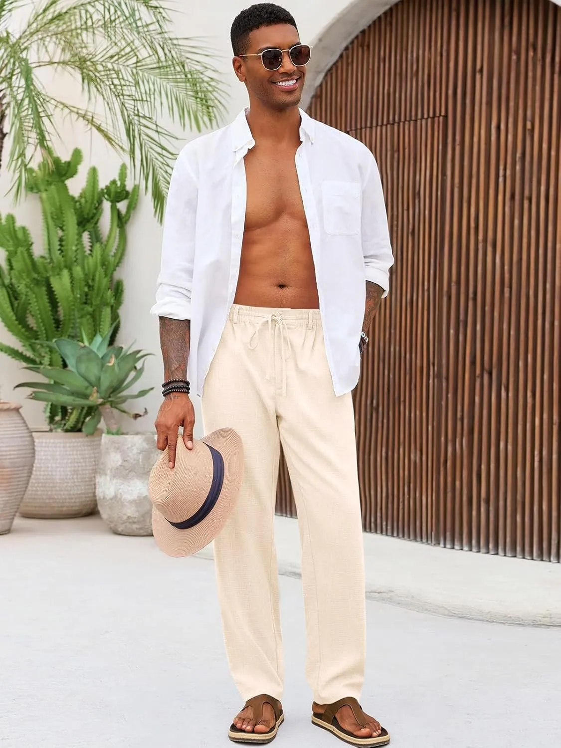 Runcati Mens Casual Pants Linen Elastic Waist Drawstring Lightweight Pants Loose Fit Summer Beach Yoga Trouser