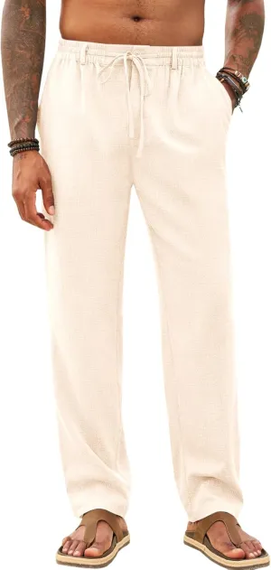 Runcati Mens Casual Pants Linen Elastic Waist Drawstring Lightweight Pants Loose Fit Summer Beach Yoga Trouser