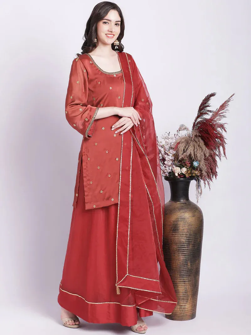 Rustic Brown Organza Palazzo Set With Dupatta