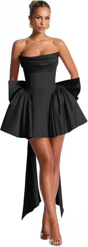 Satin Homecoming Dresses Strapless Corset Cocktail Party Gown Short A-Line HOCO Dress with Bow