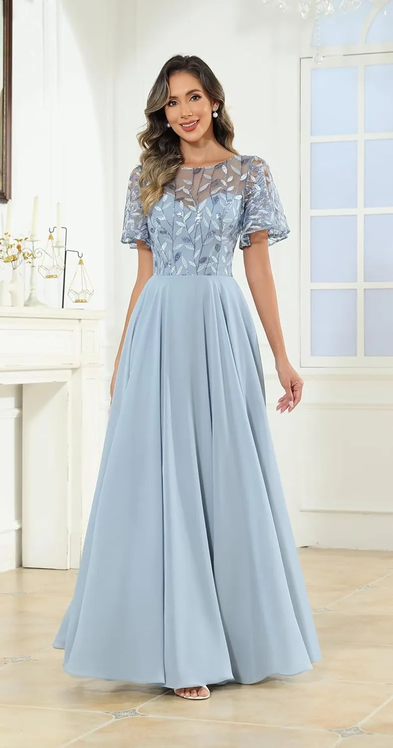 Sequin Mother of The Bride Dresses with Sleeves Pockets for Women Lace Applique Ruffles Pleated Wedding Guest Gown