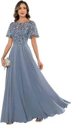 Sequin Mother of The Bride Dresses with Sleeves Pockets for Women Lace Applique Ruffles Pleated Wedding Guest Gown