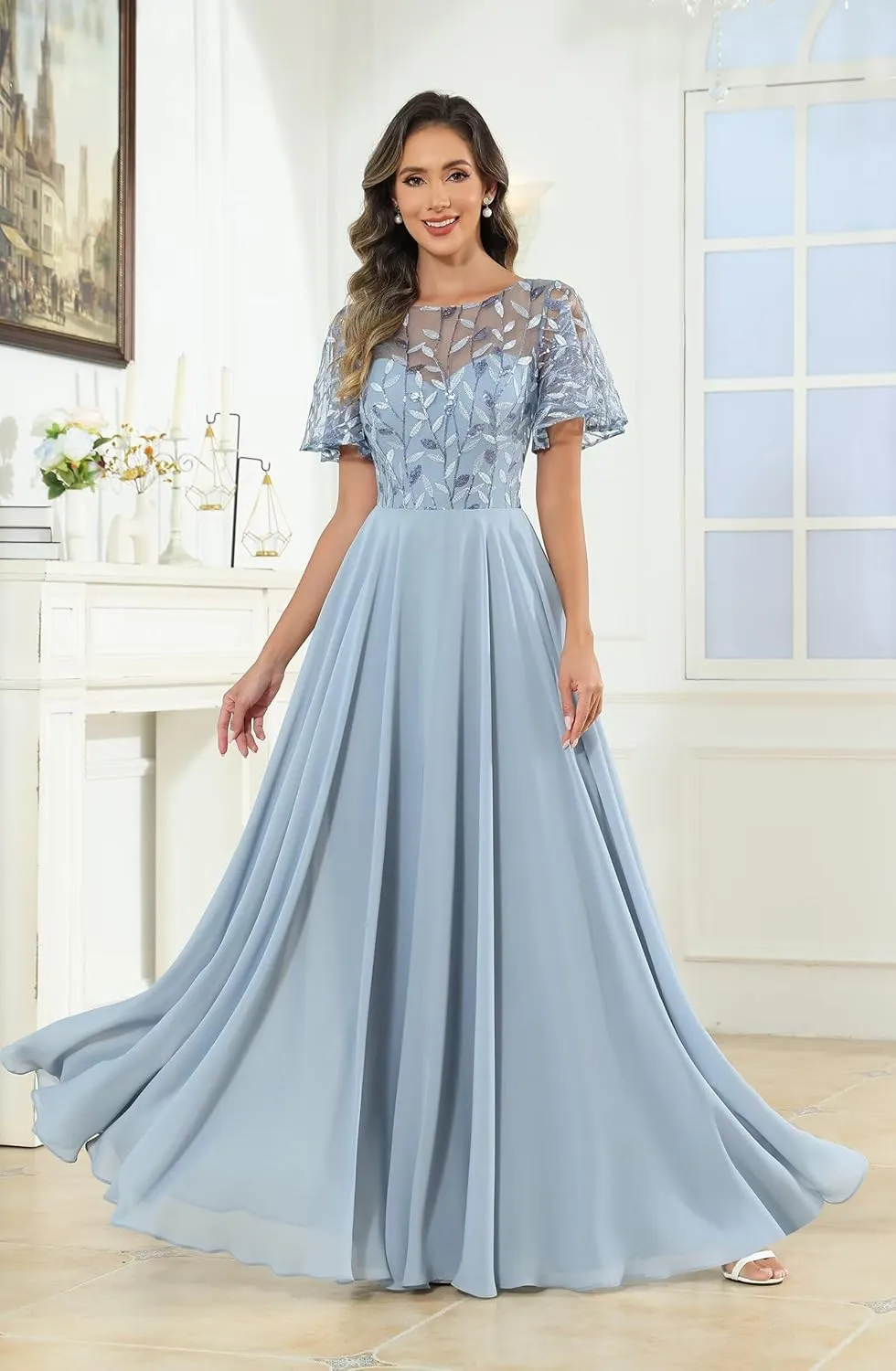 Sequin Mother of The Bride Dresses with Sleeves Pockets for Women Lace Applique Ruffles Pleated Wedding Guest Gown
