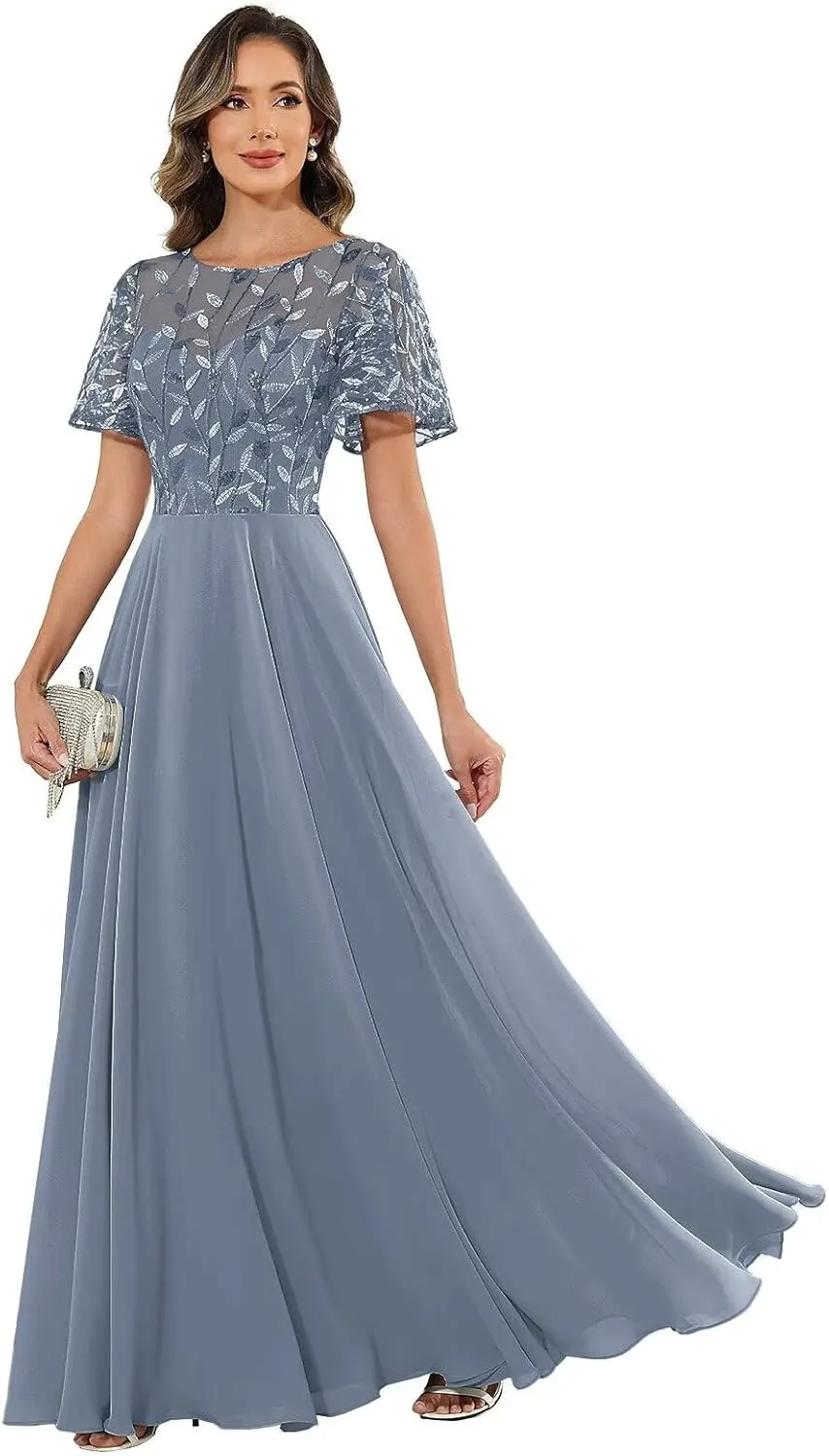 Sequin Mother of The Bride Dresses with Sleeves Pockets for Women Lace Applique Ruffles Pleated Wedding Guest Gown
