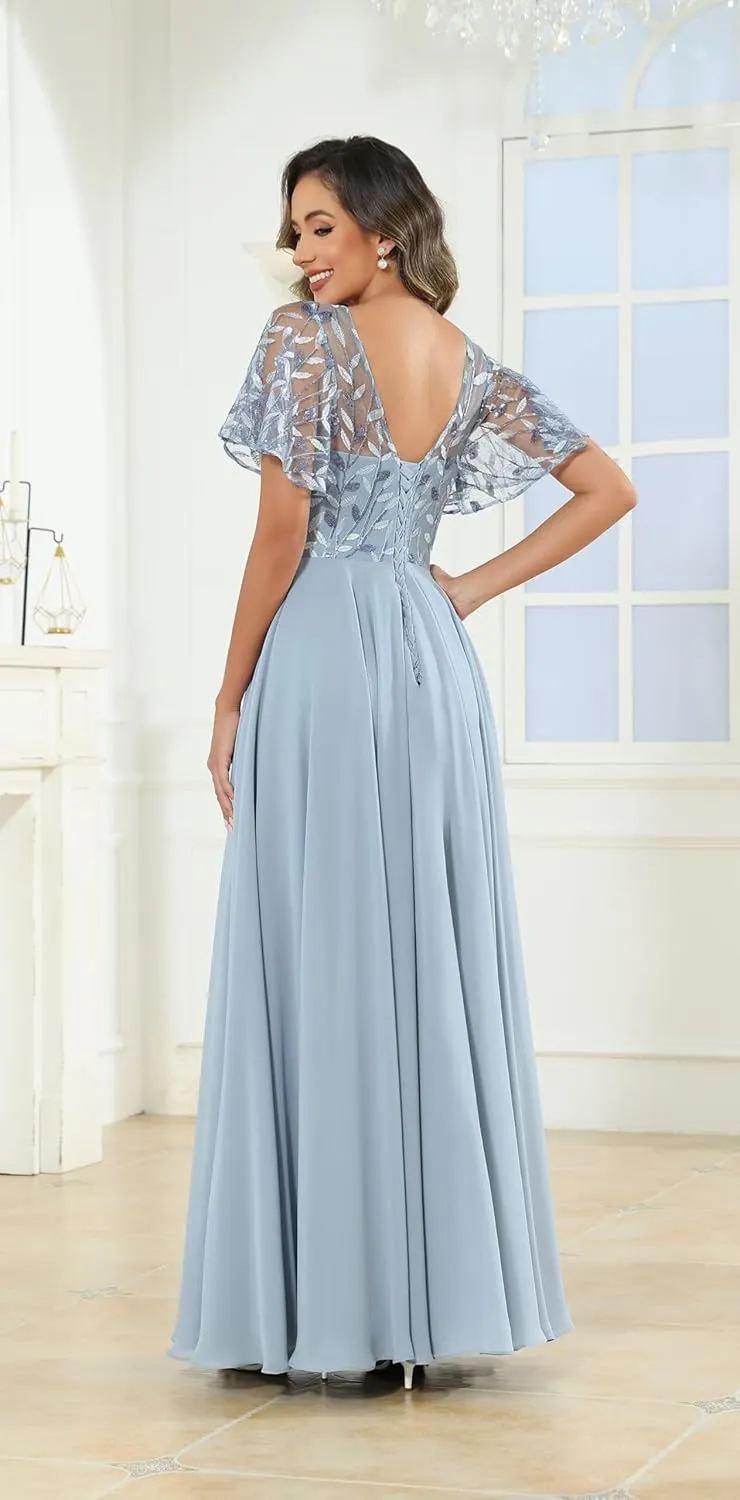 Sequin Mother of The Bride Dresses with Sleeves Pockets for Women Lace Applique Ruffles Pleated Wedding Guest Gown
