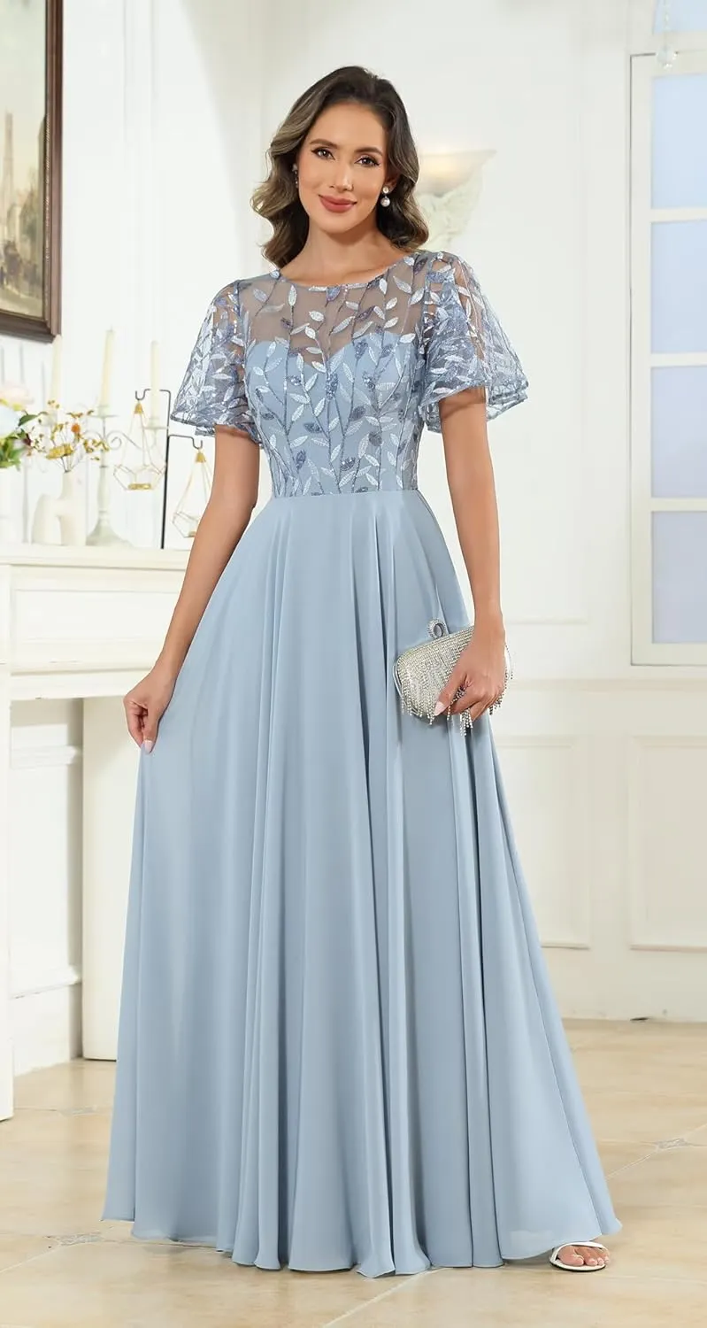 Sequin Mother of The Bride Dresses with Sleeves Pockets for Women Lace Applique Ruffles Pleated Wedding Guest Gown