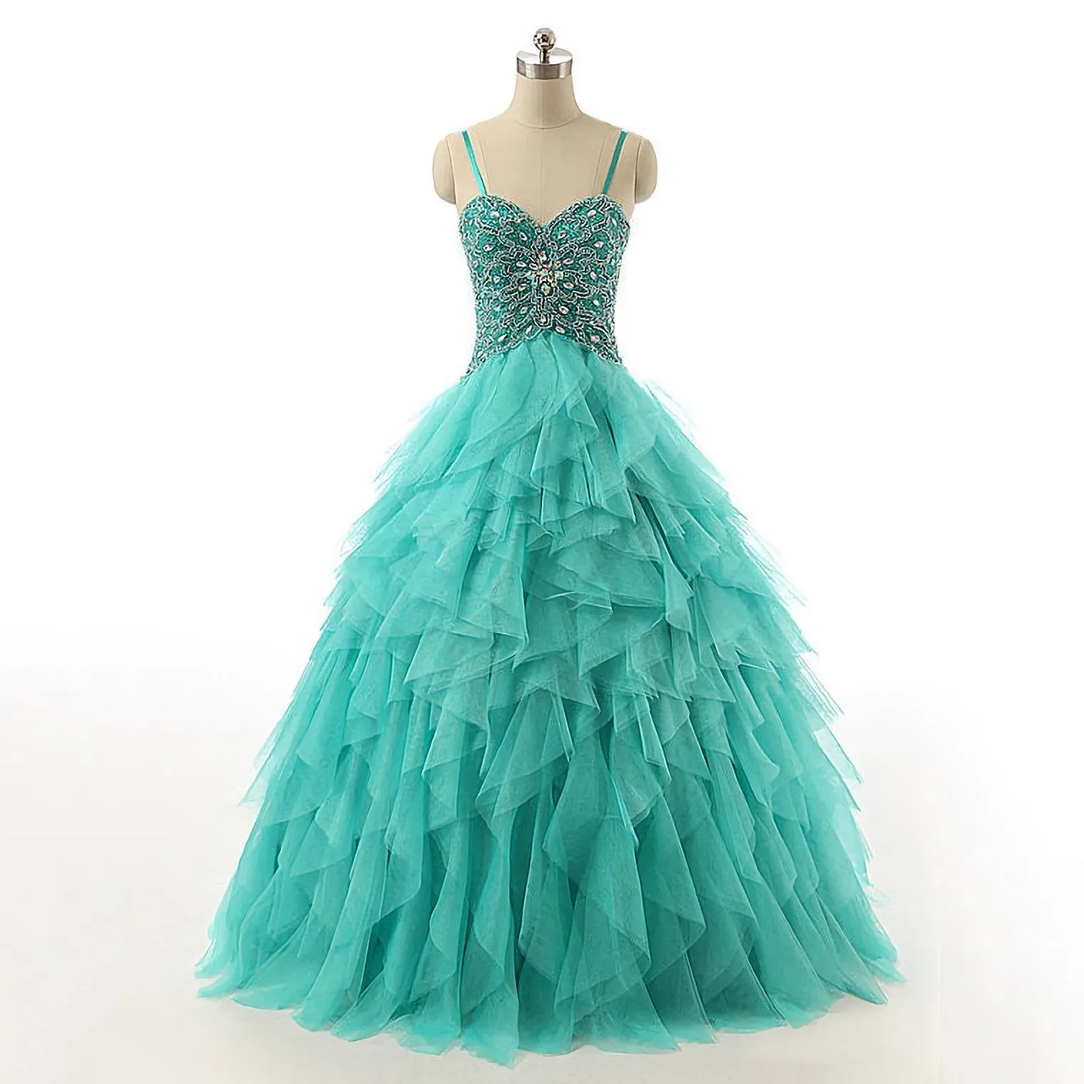 Spaghetti Straps Lace Up Beaded Long Prom Dress Crystal Turquoise Ball Gown Prom Dress Cascading Ruffles Tulle Prom Dress