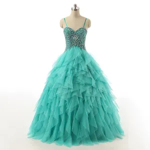 Spaghetti Straps Lace Up Beaded Long Prom Dress Crystal Turquoise Ball Gown Prom Dress Cascading Ruffles Tulle Prom Dress