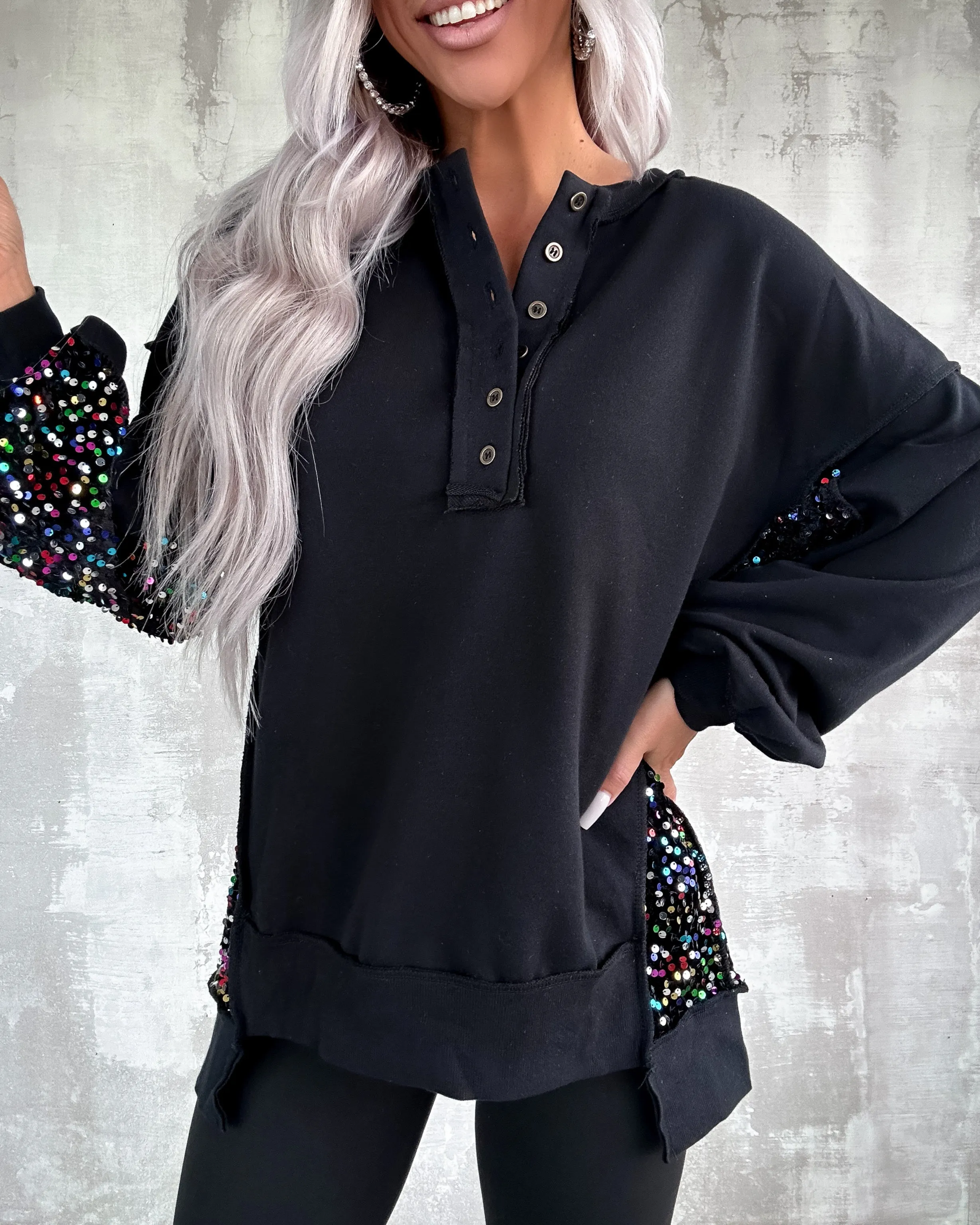 Sparkling Patchwork Henley Sweatshirt - Black