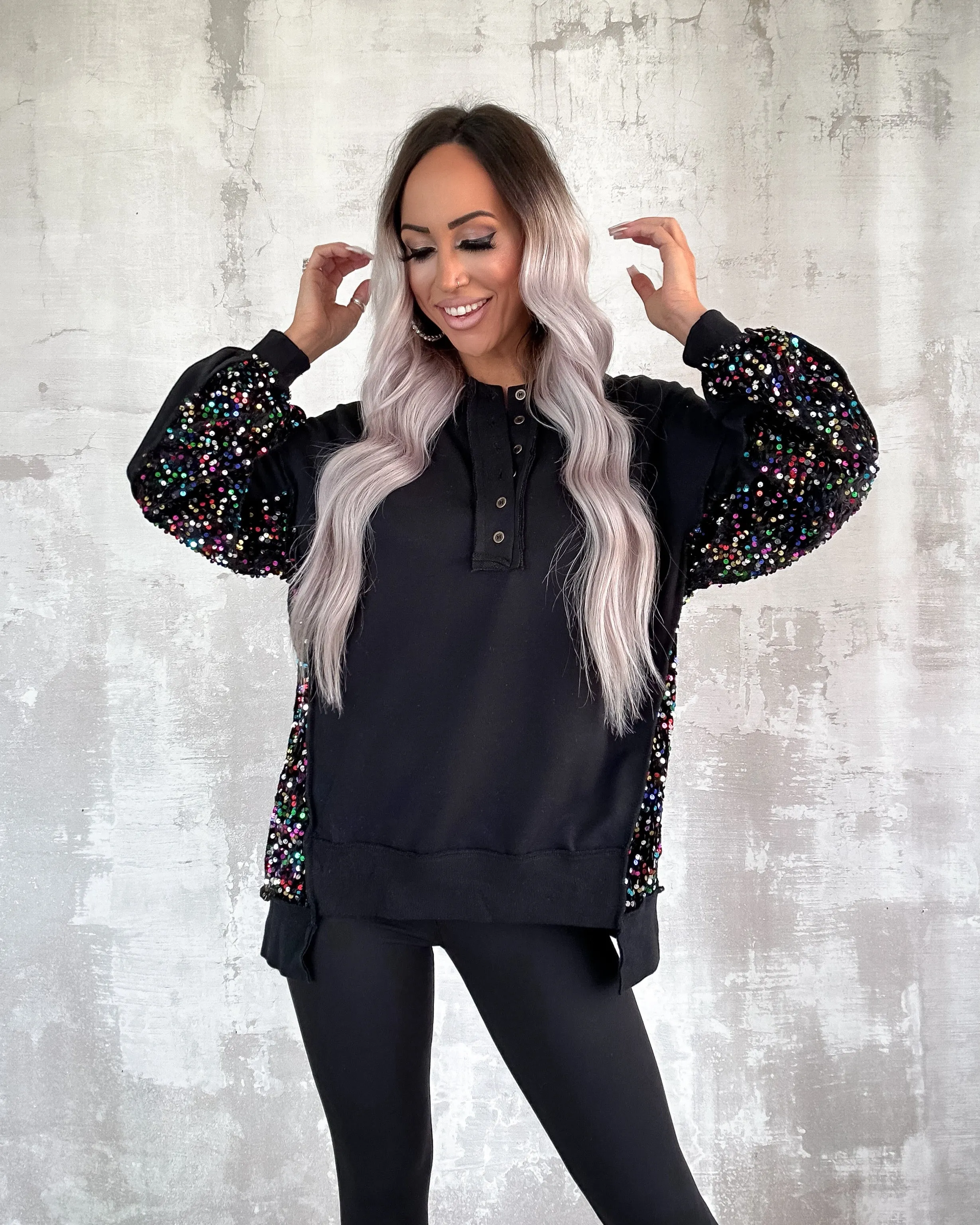 Sparkling Patchwork Henley Sweatshirt - Black