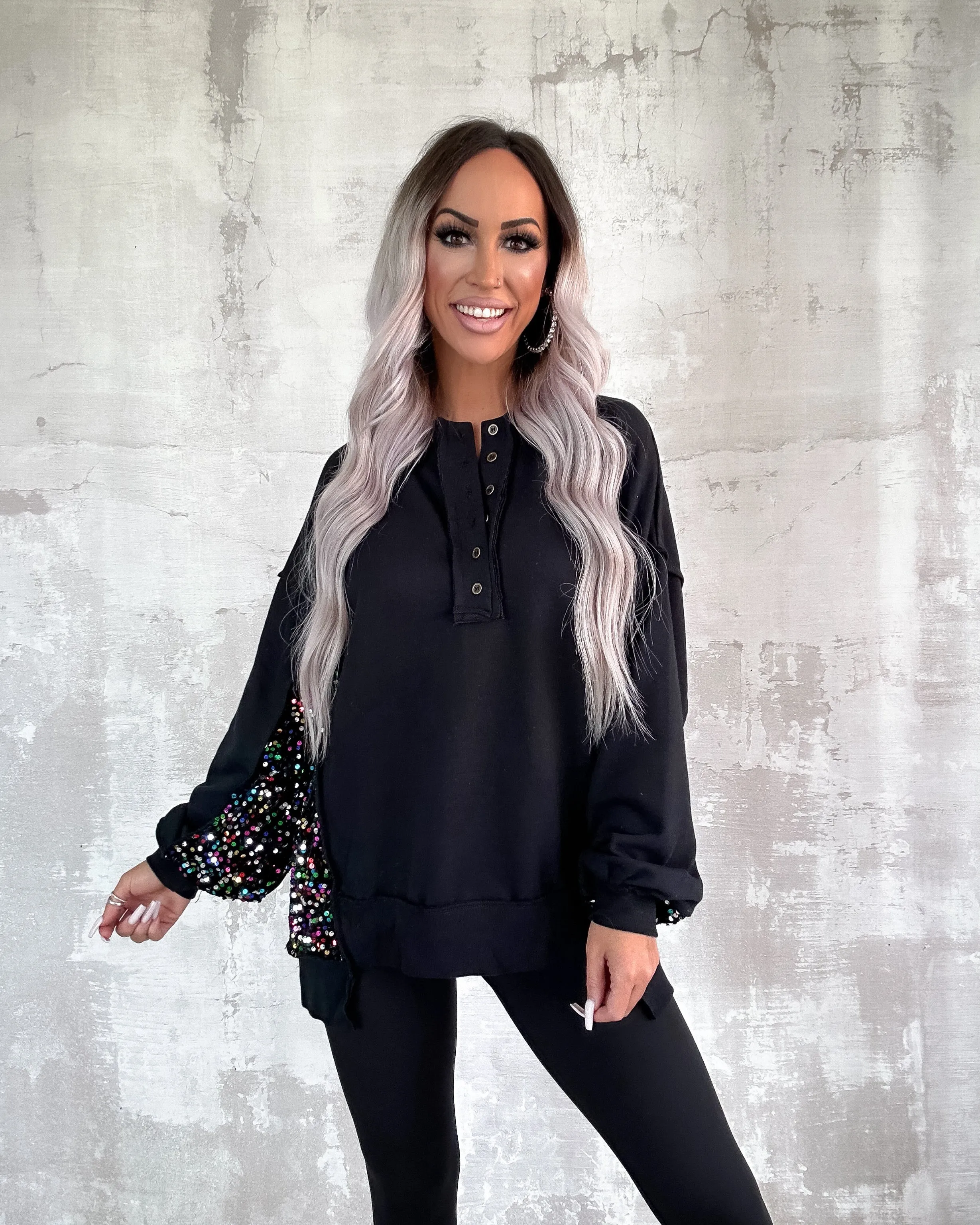 Sparkling Patchwork Henley Sweatshirt - Black