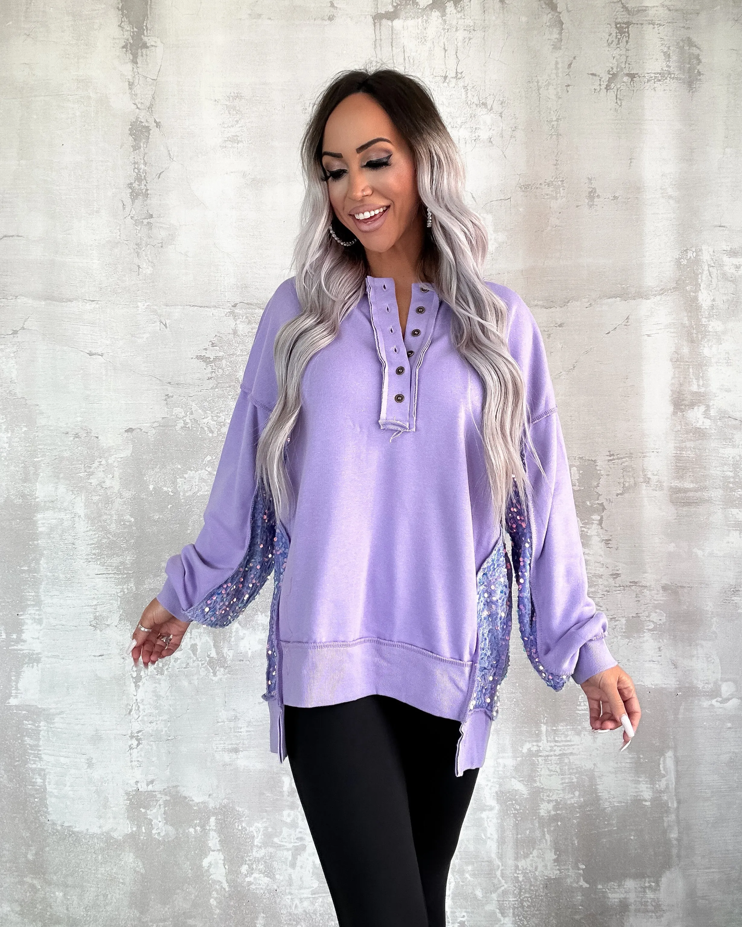 Sparkling Patchwork Henley Sweatshirt - Lilac
