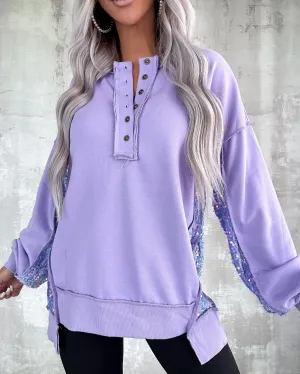 Sparkling Patchwork Henley Sweatshirt - Lilac