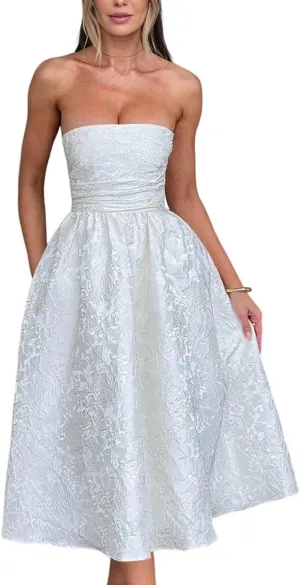 Strapless Jacquard Prom Dresses with Pockets A-Line Midi Cocktail Party Dress