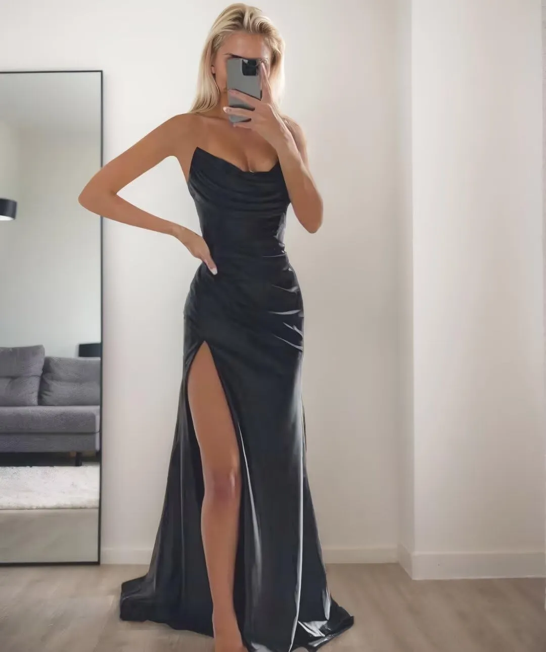 Strapless Satin Prom Dresses with Slit Long Mermaid Formal Bridesmaid Dresses for Women