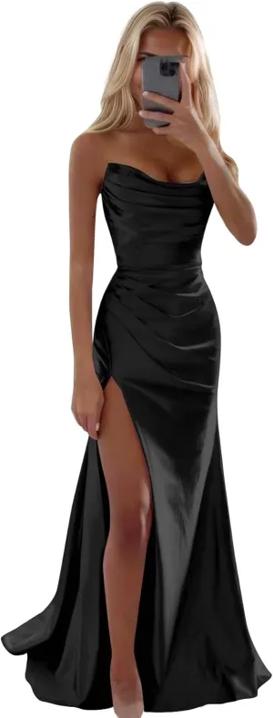 Strapless Satin Prom Dresses with Slit Long Mermaid Formal Bridesmaid Dresses for Women