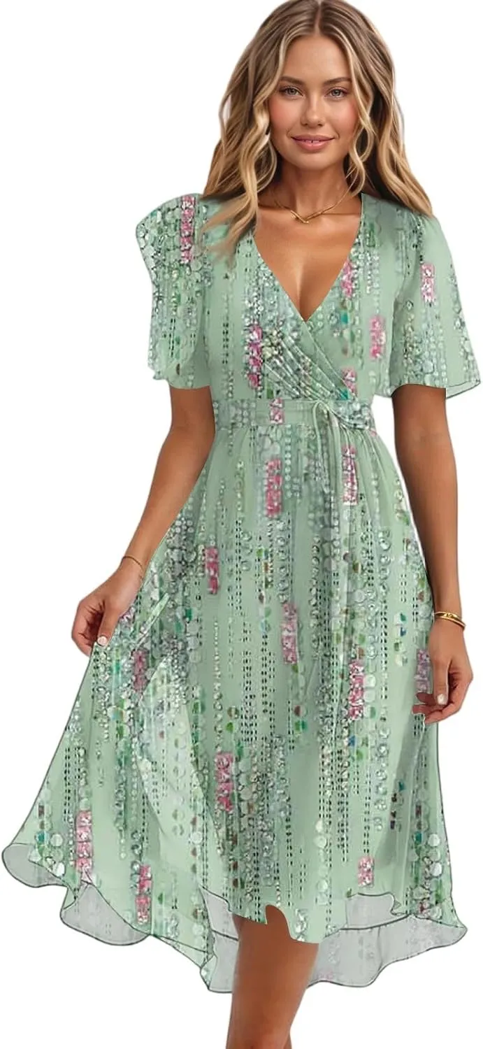 Sundresses for Women,Cocktail Prom Summer Sexy Dress Chiffon Womens Spring Dresses Wrap Flowy Wedding Guest
