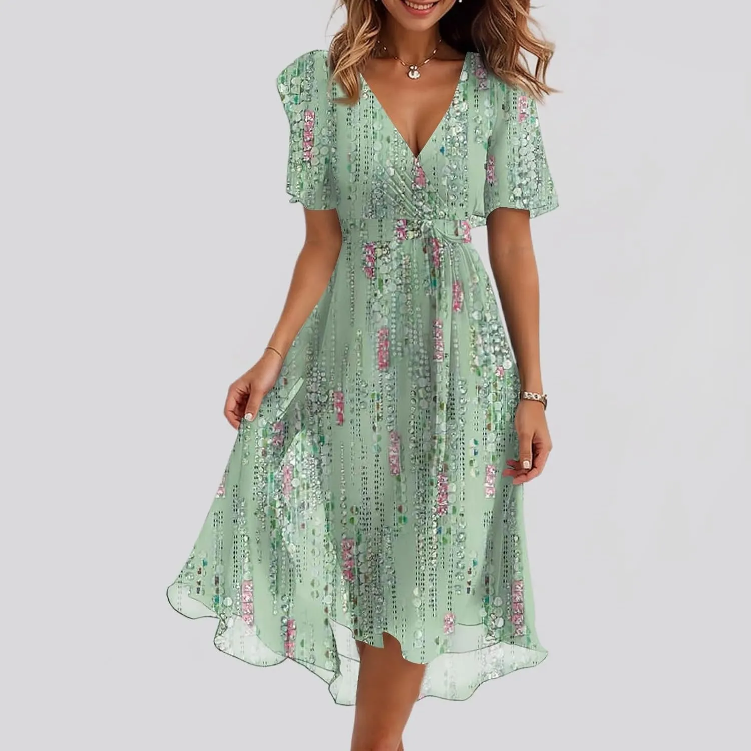 Sundresses for Women,Cocktail Prom Summer Sexy Dress Chiffon Womens Spring Dresses Wrap Flowy Wedding Guest