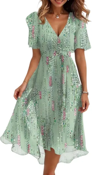 Sundresses for Women,Cocktail Prom Summer Sexy Dress Chiffon Womens Spring Dresses Wrap Flowy Wedding Guest